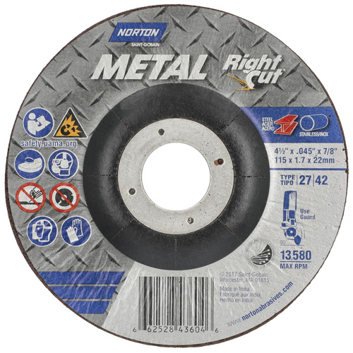 Metal RightCut Right Angle Cut-Off Wheel, 4-1/2" x 0.045", 7/8" Arbor, Type 27, Aluminum Oxide, 13580 RPM Rideout Tool & Machine Inc.