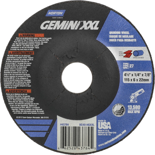 Meule XXL Gemini, 4-1/2" x 1/4", Arbre 7/8", Oxyde d'aluminium, Type 27 Rideout Tool & Machine Inc.
