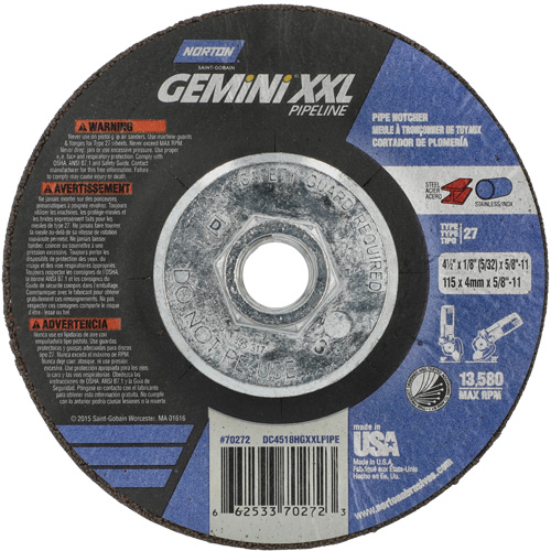 Disque combin&eacute; de meulage et tronçonnage Gemini XXL, 4-1/2" x 1/8", Arbre de 5/8"-11, Type 27, Oxyde d'aluminium Rideout Tool & Machine Inc.