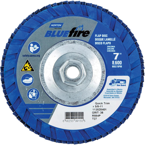 BlueFire&reg; Standard-Density Flap Disc, 7" x 5/8"-11, Type 27, P36 Grit, Zirconia Alumina Rideout Tool & Machine Inc.