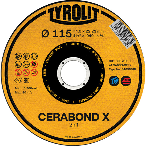 CA60Q-BFPX CERABOND X Cut-Off Wheel, 4-1/2" x 0.039", 7/8" Arbor, Type 1 Rideout Tool & Machine Inc.