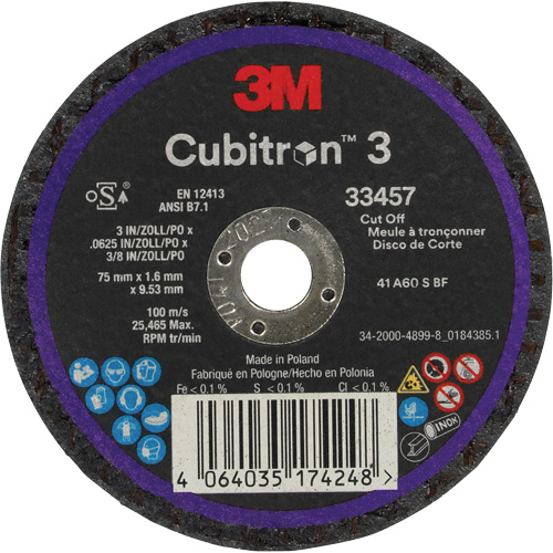 Cubitron 3 Cut-Off Wheel, 3" x 0.063", 3/8" Arbor, Ceramic Rideout Tool & Machine Inc.