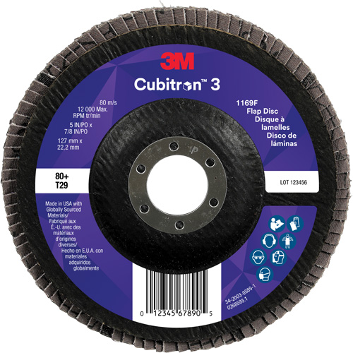 Disque &agrave; lamelles conique 1169F Cubitron 3, 5" x 7/8", Type T29, Grain 80+, C&eacute;ramique Rideout Tool & Machine Inc.