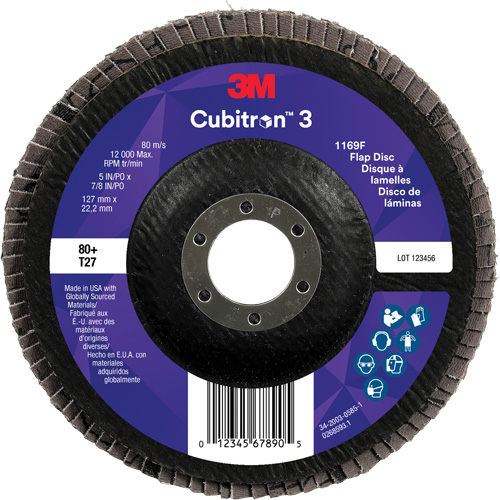 Cubitron 3 Flat Flap Disc 1169F, 5" x 7/8", Type T27, 80+ Grit, Ceramic Rideout Tool & Machine Inc.