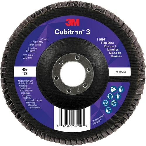 Disque &agrave; lamelles plate 1169F Cubitron 3, 5" x 7/8", Type T27, Grain 40+, C&eacute;ramique Rideout Tool & Machine Inc.
