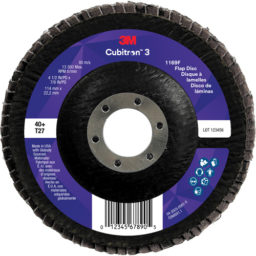 Cubitron 3 Flat Flap Disc 1169F, 4-1/2" x 7/8", Type T27, 40+ Grit, Ceramic Rideout Tool & Machine Inc.