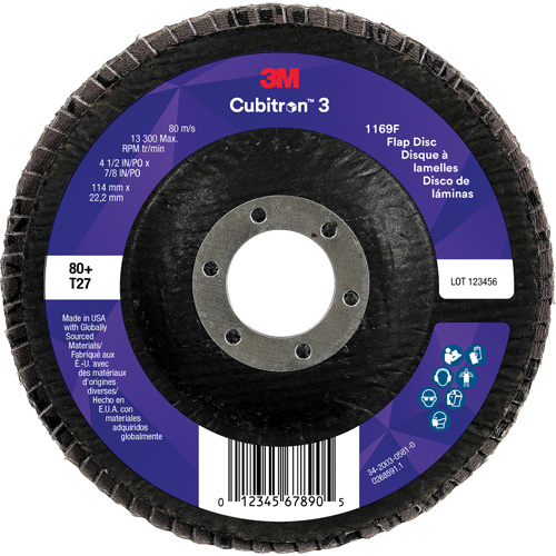 Cubitron 3 Flat Flap Disc 1169F, 4-1/2" x 7/8", Type T27, 80+ Grit, Ceramic Rideout Tool & Machine Inc.