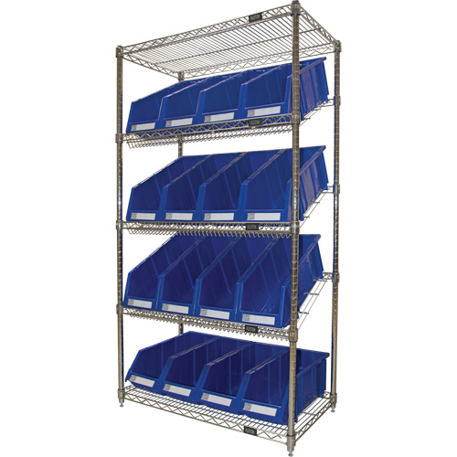 Slanted Wire Shelf with Bins, 5 Tiers, 36" W x 63" H x 18" D Rideout Tool & Machine Inc.