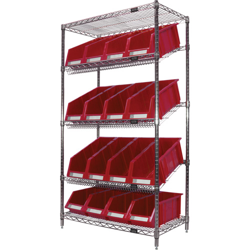 Slanted Wire Shelf with Bins, 5 Tiers, 36" W x 63" H x 18" D Rideout Tool & Machine Inc.