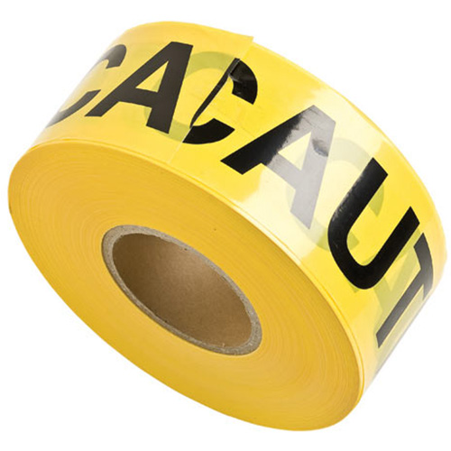 Barricade Tape, English, 3" W x 1000' L, 3 mils, Black on Yellow Rideout Tool & Machine Inc.