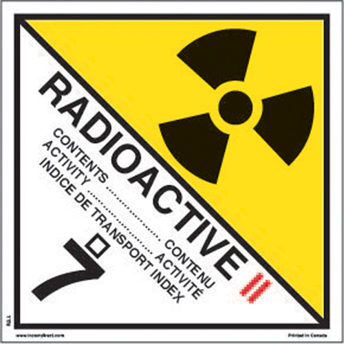&eacute;tiquettes d'exp&eacute;dition TMD, Classe 7, Radioactif II, Vinyle Rideout Tool & Machine Inc.