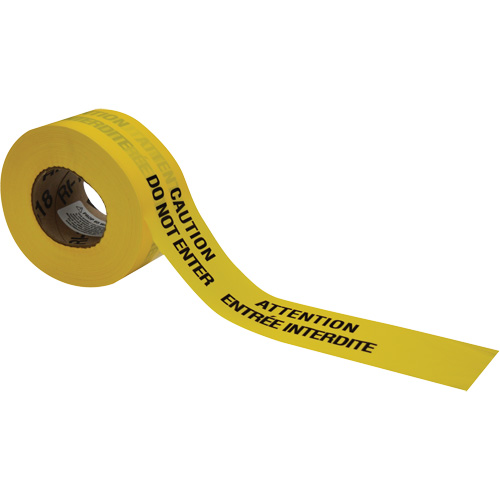 Barricade Tape, Bilingual, 3" W x 1000' L, 3.5 mils, Black on Yellow Rideout Tool & Machine Inc.