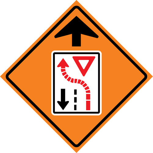 Enseigne enroulable de circulation c&eacute;dez le passage devant, 29-1/2" x 29-1/2", Vinyle, Pictogramme Rideout Tool & Machine Inc.