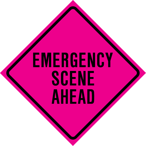 Enseigne enroulable de circulation  Emergency Scene Ahead , 36" x 36", Vinyle, Anglais Rideout Tool & Machine Inc.