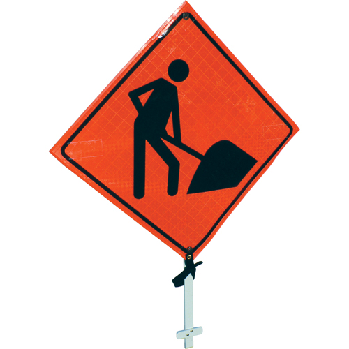 Enseigne sur poteau pr&eacute;sence de travailleurs, 24" x 24", Vinyle, Pictogramme Rideout Tool & Machine Inc.