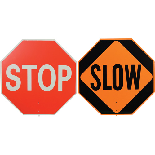 Panneau de signalisation &agrave; deux c&ocirc;t&eacute;s  Stop/Slow , 18" x 18", Plastique, Anglais avec pictogramme Rideout Tool & Machine Inc.