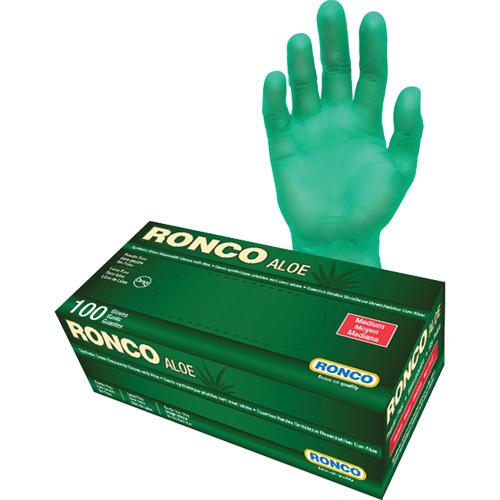 Disposable Gloves with Aloe, Medium, Vinyl, 5-mil, Powder-Free, Green Rideout Tool & Machine Inc.