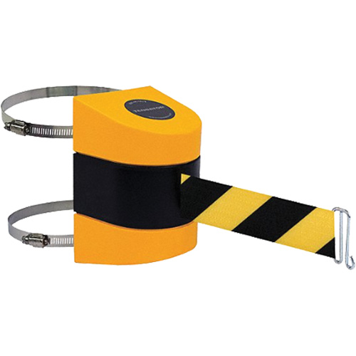 Tensabarrier&reg; Barrier Post Mount with Belt, Plastic, Clamp Mount, 24', Black and Yellow Tape Rideout Tool & Machine Inc.