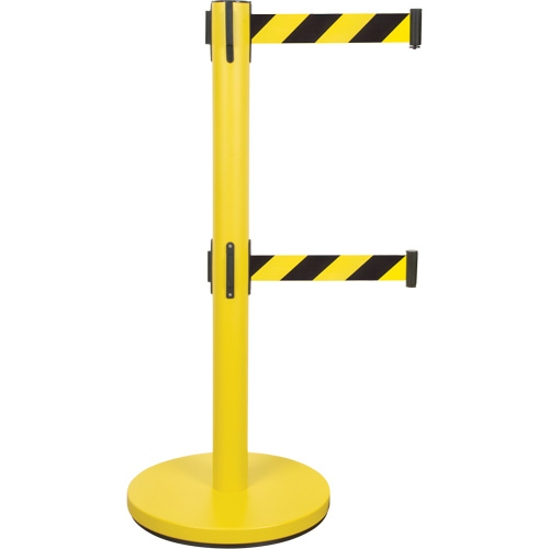 Barri&egrave;re pour le contr&ocirc;le des foules &agrave; courroie double, Acier, 35" h, Ruban Noir/Jaune, Longueur du ruban 7' Rideout Tool & Machine Inc.