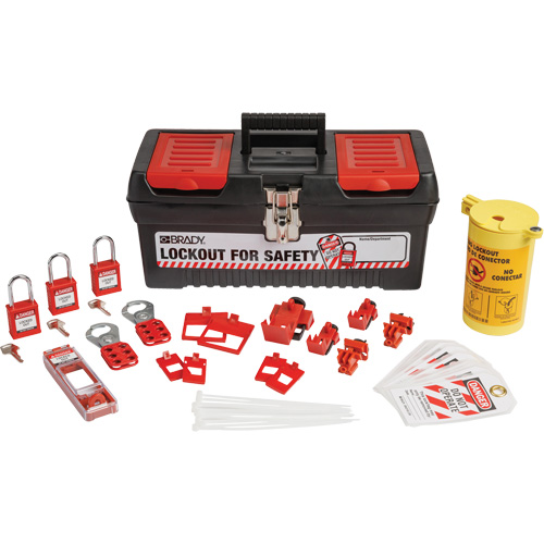 Trousse de cadenassage et d&eacute;tiquetage &eacute;lectrique avec cadenas de s&eacute;curit&eacute; en nylon dans une boîte &agrave; outils, Ensemble &eacute;lectrique, 33 composants compris Rideout Tool & Machine Inc.