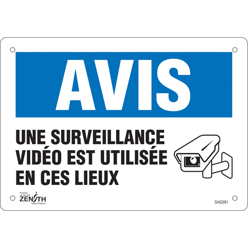 Enseigne  Surveillance vid&eacute;o , 7" x 10", Plastique, Français avec pictogramme Rideout Tool & Machine Inc.