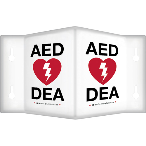 90° Projecting "AED/DEA" Sign, 9" x 6", Plastic, Bilingual with Pictogram Rideout Tool & Machine Inc.