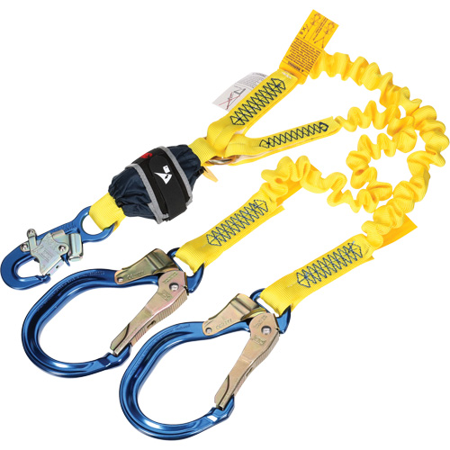 Twin-Leg Stretch Web Shock-Absorbing Lanyard, 6', Rebar Hook Center, Snap Hook Leg Ends Rideout Tool & Machine Inc.