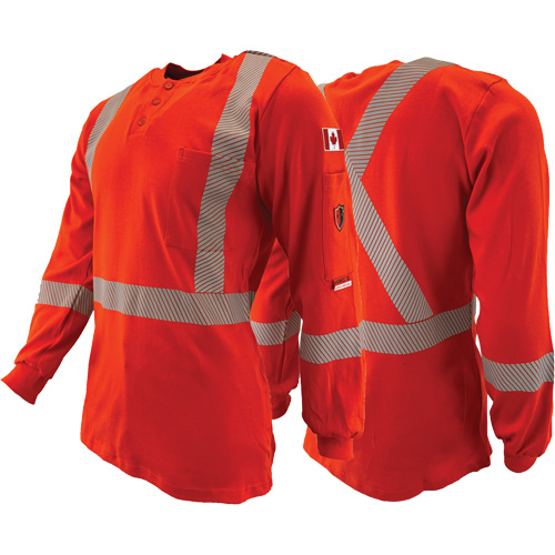 Chandail &agrave; manches longues ignifuge et r&eacute;sistant &agrave; l'arc &eacute;lectrique avec bandes de 2" Henley Atlas Guardian, T-petit, Orange haute visibilit&eacute; Rideout Tool & Machine Inc.