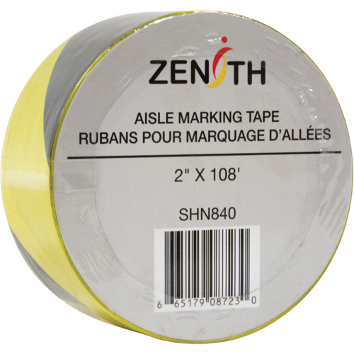 Aisle Marking Tape, 2" x 108', PVC, Noir et jaune Rideout Tool & Machine Inc.
