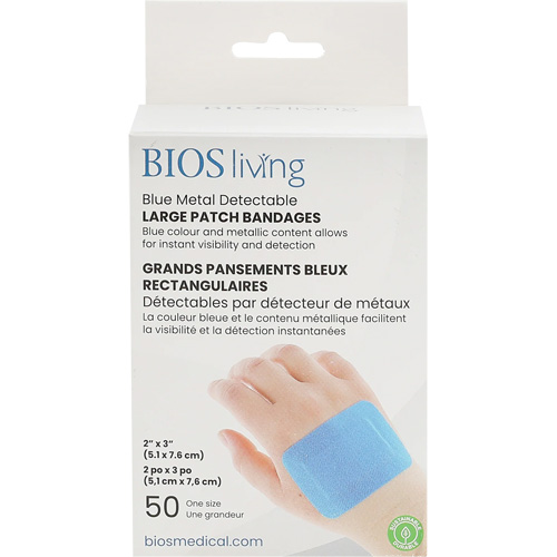 Blue Large Patch Bandages, Rectangular/Square, 3", Fabric Metal Detectable, Sterile Rideout Tool & Machine Inc.