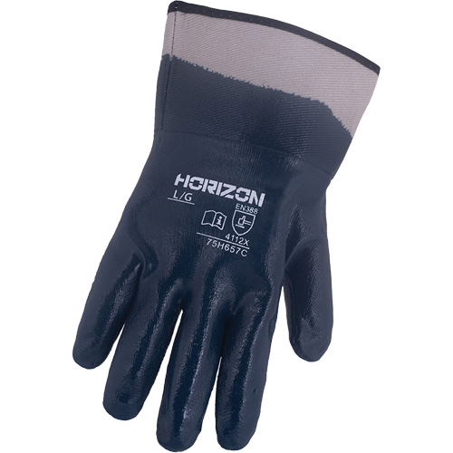 Gants bleu marine avec manchettes renforc&eacute;es &agrave; entoilage coll&eacute; Horizon, Grand, R&ecirc;vetement Nitrile, Enveloppe en Jersey/Coton Rideout Tool & Machine Inc.
