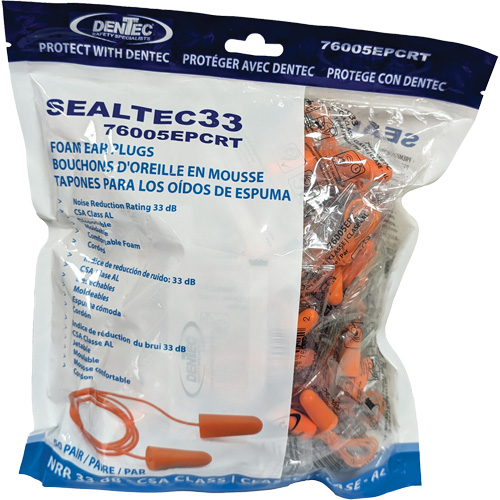 Bouchons d'oreilles coniques jetables en mousse de PU orange SEALTEC33, Vrac - Sac en poly, Avec cordon Rideout Tool & Machine Inc.