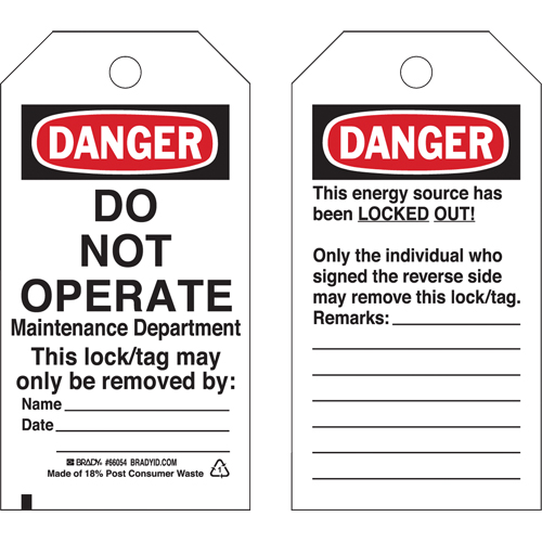 &eacute;tiquettes de verrouillage, Plastique, 3" la x 5-3/4" h, Anglais Rideout Tool & Machine Inc.