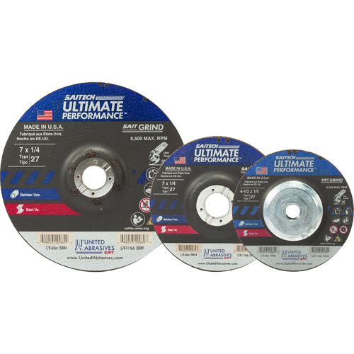 Saitech Ultimate Performance Grinding Wheel, 4-1/2" x 1/4", 7/8" Arbor, Aluminum Oxide/Ceramic, Type 27 Rideout Tool & Machine Inc.