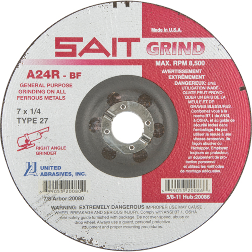 A24R Long Life Grinding Wheel, 7" x 1/4", 7/8" Arbor, Aluminum Oxide, Type 27 Rideout Tool & Machine Inc.