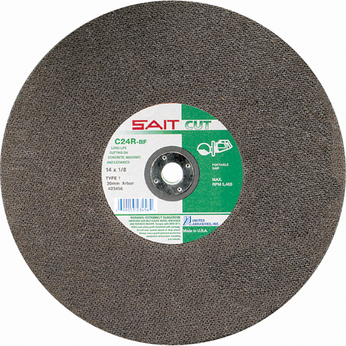 Meule &agrave; tronçonner haute vitesse pour le b&eacute;ton C24R, 14" x 1/8", Arbre de 1", Type 1, Carbure de silicium, 5400 Tr/min Rideout Tool & Machine Inc.