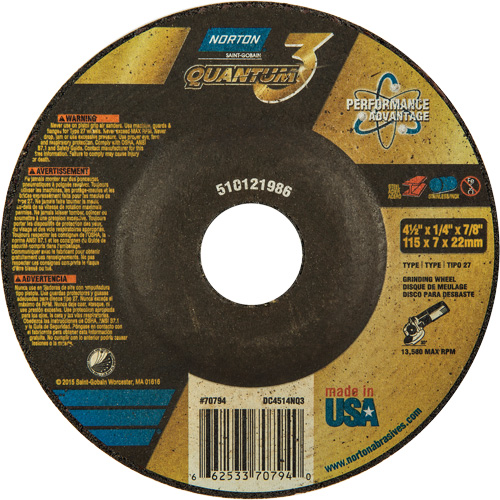 Quantum3 Grinding Wheel, 4-1/2" x 1/4", 7/8" Arbor, Ceramic Alumina, Type 27 Rideout Tool & Machine Inc.