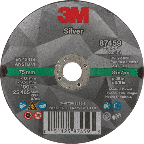 Silver Cut-Off Wheel, 3" x 0.06", 3/8"-24 Arbor, Type 1, Ceramic, 25645 RPM Rideout Tool & Machine Inc.