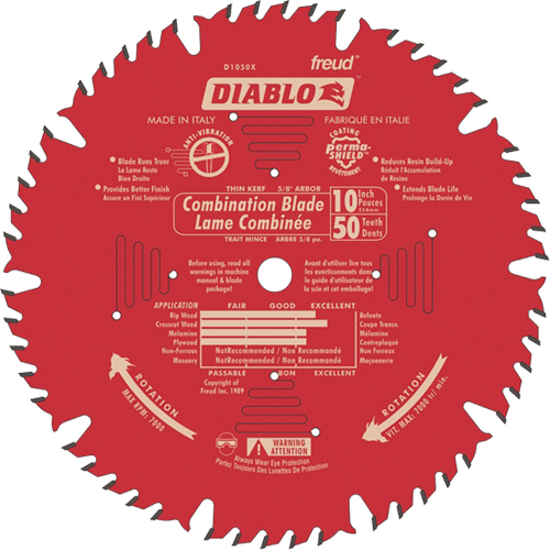 Lames de scie pour entrepreneur - Lames de scie combinaison, 10", 50 dents, Pour Bois Rideout Tool & Machine Inc.