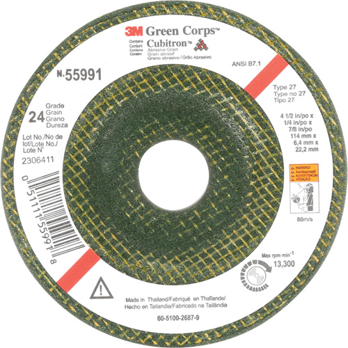 Meule &agrave; moyeu d&eacute;port&eacute; Green Corps, 4-1/2" x 1/4", Arbre 7/8", C&eacute;ramique, Type 27 Rideout Tool & Machine Inc.