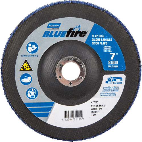 Disque &agrave; lamelles &agrave; grain grossier BlueFire, 7" x 7/8", Type 27, Grain 80, Alumine de zirconium Rideout Tool & Machine Inc.