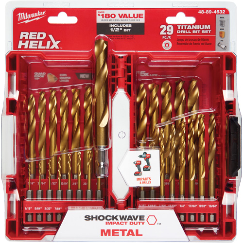 Shockwave Red Helix Drill Bit Set, 29 Pieces, Titanium Rideout Tool & Machine Inc.