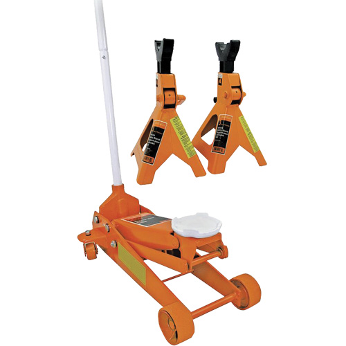 Cric datelier 3 tonnes avec paires de chandelles pour v&eacute;hicule de 3 tonnes, 2,5 tonne(s) Capacit&eacute;, 5" Abaiss&eacute;e, 19-1/4" &eacute;lev&eacute;e, Hydraulique &agrave; main Rideout Tool & Machine Inc.