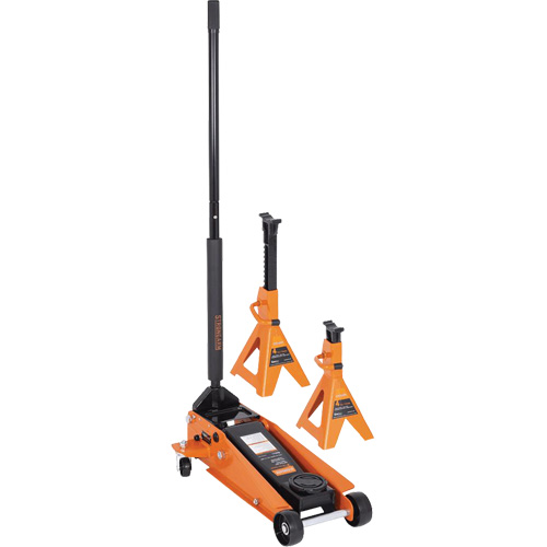 Cric datelier 4 tonnes avec paires de chandelles pour v&eacute;hicule de 3 tonnes, 3,5 tonne(s) Capacit&eacute;, 5-1/8" Abaiss&eacute;e, 21" &eacute;lev&eacute;e, Hydraulique &agrave; main Rideout Tool & Machine Inc.