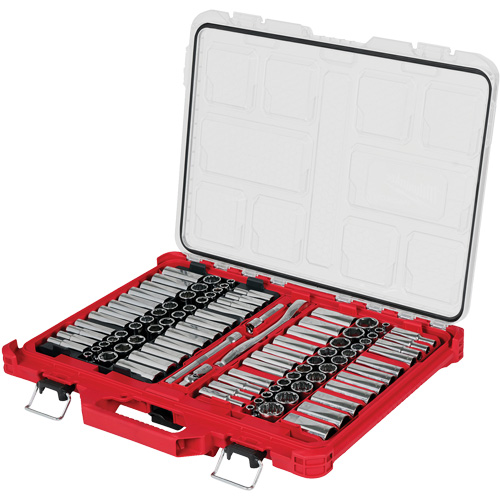 Jeu de cliquets et douilles m&eacute;triques/SAE avec organisateur PACKOUT &agrave; profil bas, 98 Mcx, Prise de 3/8" Rideout Tool & Machine Inc.