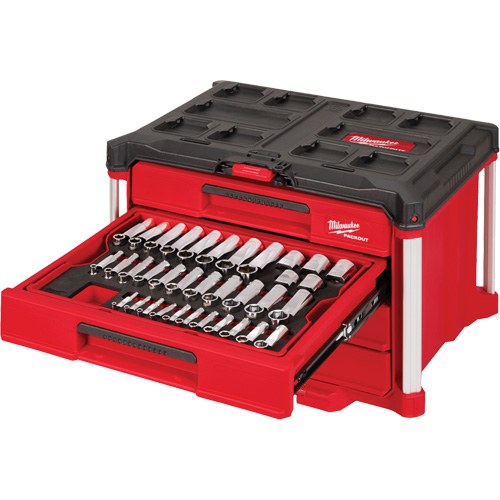 Ensemble de 242 pi&egrave;ces de douilles et cliquets m&eacute;triques et SAE 1/4", 3/8" et 1/2" avec boîte &agrave; outils PACKOUT &agrave; 4 tiroirs, 16-3/10" x 22-1/5" x 14-3/10", Noir/Rouge Rideout Tool & Machine Inc.