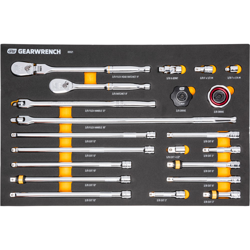 Ensemble d'outils &agrave; cliquet et d'entraînement 3/8" &agrave; 90 dents avec plateau de rangement en mousse Rideout Tool & Machine Inc.