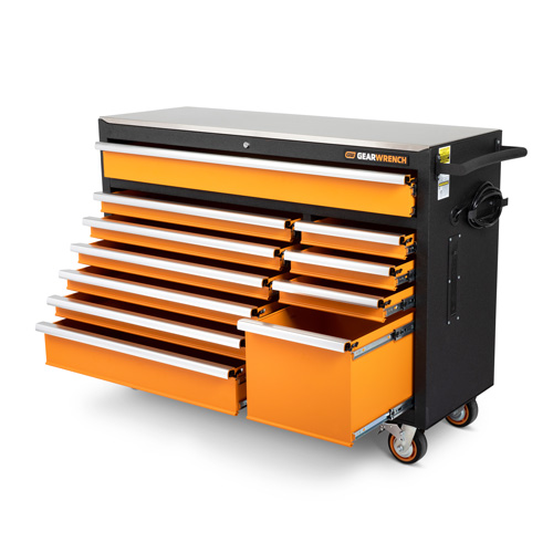 Rolling Tool Cabinet with Stainless Steel Worktop, 11 Drawers, 52" W x 18" D x 36" H, Black/Orange Rideout Tool & Machine Inc.