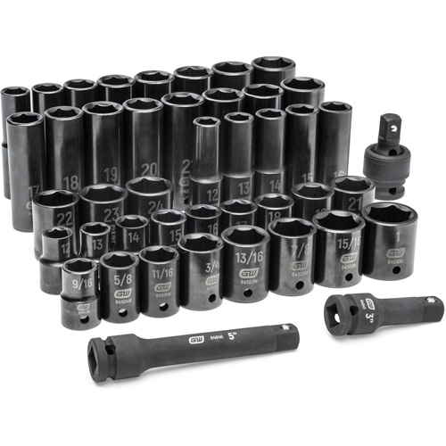 Jeu de douilles SAE/m&eacute;triques &agrave; 6 pans, 44 Mcx, Chocs, Prise de 1/2", Profond Rideout Tool & Machine Inc.