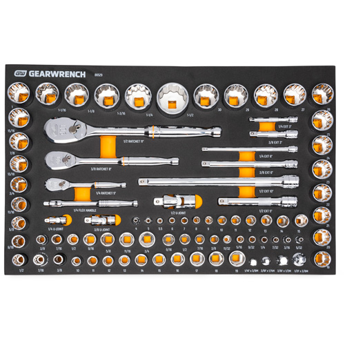 Jeu d'outils SAE/m&eacute;triques pour m&eacute;canicien &agrave; 90 dents 1/4", 3/8" & 1/2" avec plateau de rangement en mousse Rideout Tool & Machine Inc.